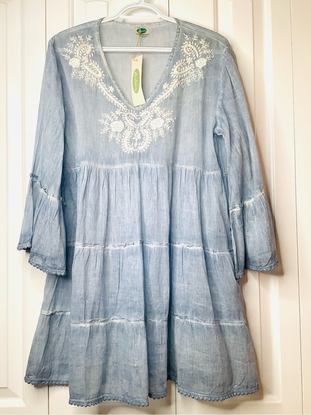 DOLMA Blue Boho Lined Cotton Mini Dress Embroidered Tiered Bell Sleeve OSFM